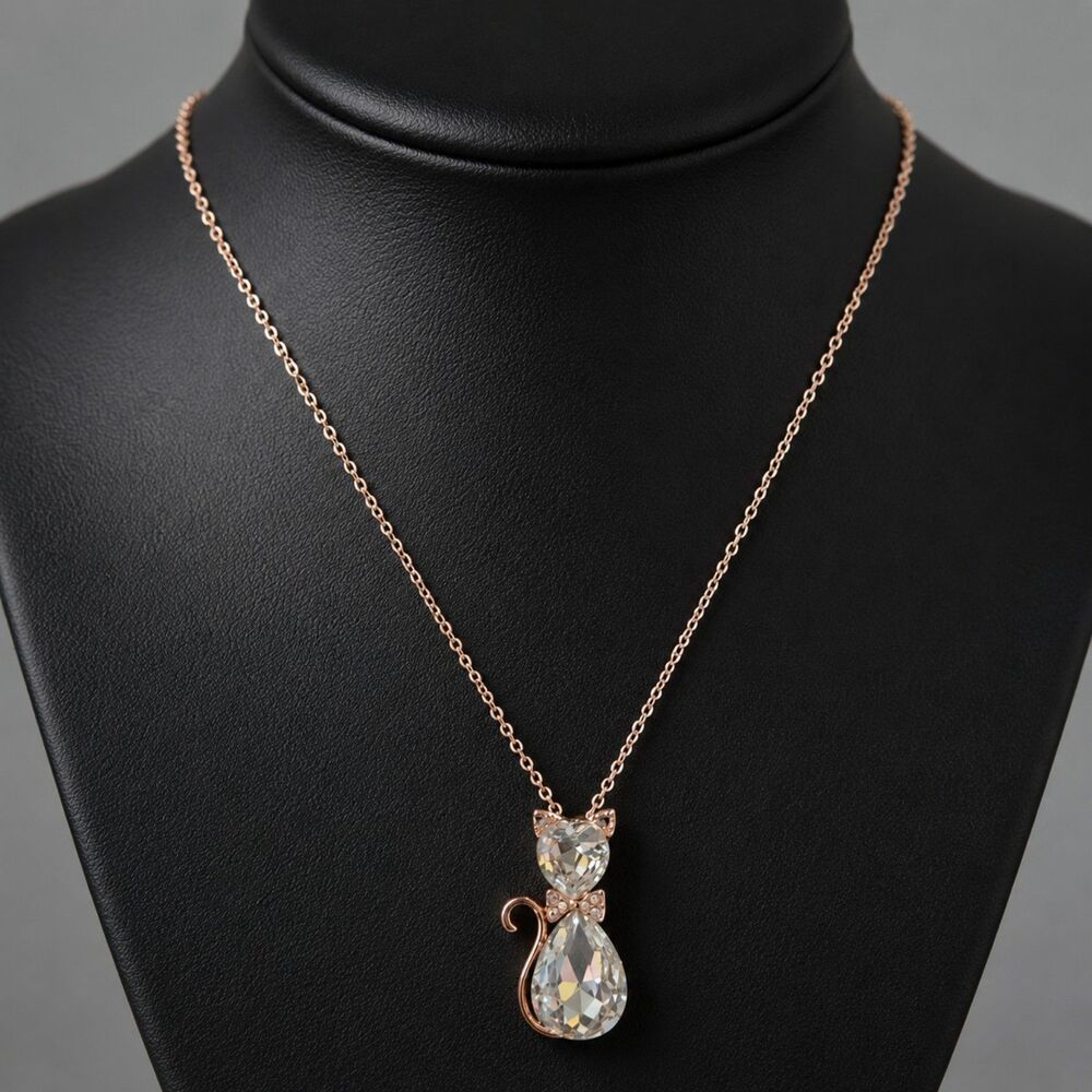 Crystal Cat Pendant Necklace, Gold Tone Rhinestone Kitty Necklace, Cat Jewelry